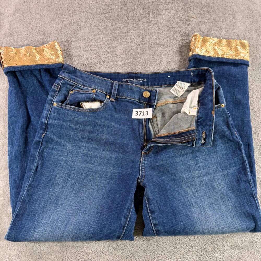Chicos Boyfriend Ankle Jeans Womens 6R 0.5R Blue Gold Sequin Cuff 570245115